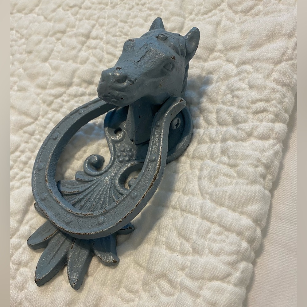 Horsehead door knocker, painted metal, gray
